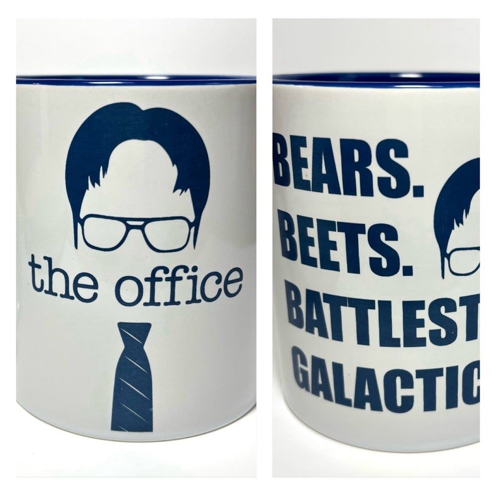 The Office Dwight Schrute Bears Beets Battlestar Galactica Mug 20 oz White Blue